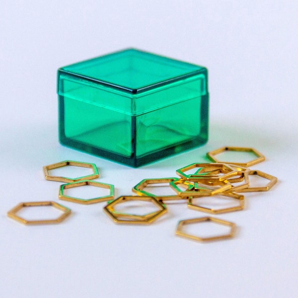 Metallic Stitch Marker Set - gold hexagon-shaped in emerald green storage box for snag free, stylish knitting