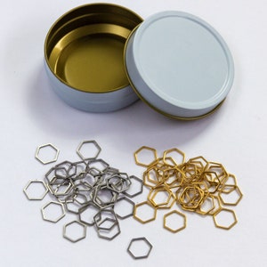 Metal Hexagon Stitch Markers Set of 60 in storage tin quality stainless steel with gold and silver finish for snag free knitting image 3