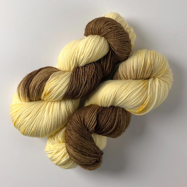Chocolate Cream merino sock yarn - variegated for assigned pooling in brown, cream, and gold - quantity discounts & caking service