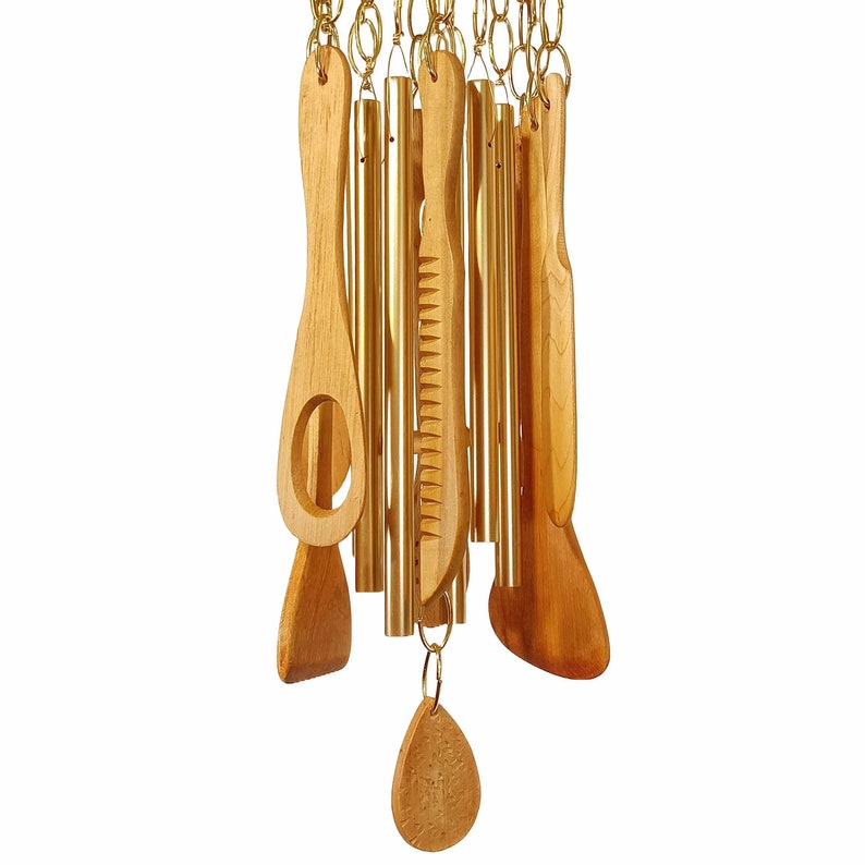 WIND CHIME: Wooden Utensils–Spoons Spatulas Paddles–Gold Chimes–Indoor Outdoor - Thumbnail 4