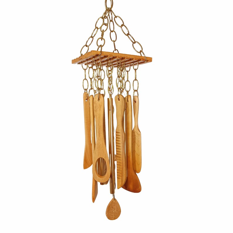 WIND CHIME: Wooden Utensils–Spoons Spatulas Paddles–Gold Chimes–Indoor Outdoor - Thumbnail 2