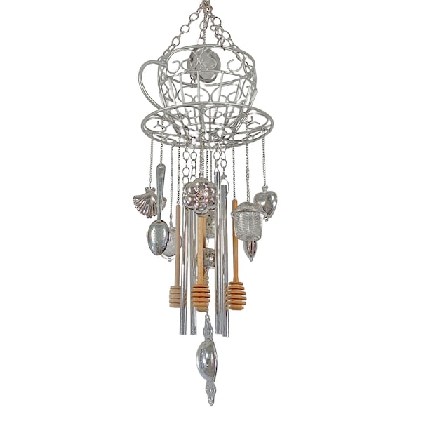 WIND CHIME  Tea Lovers Silver Teacup Chimes Tea Ball Infusers Honey Dippers Silver Wire Sculpture Teapot Chimes Indoor Outdoor Art Mobile