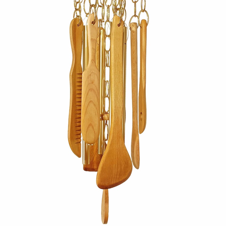 WIND CHIME: Wooden Utensils–Spoons Spatulas Paddles–Gold Chimes–Indoor Outdoor - Thumbnail 5