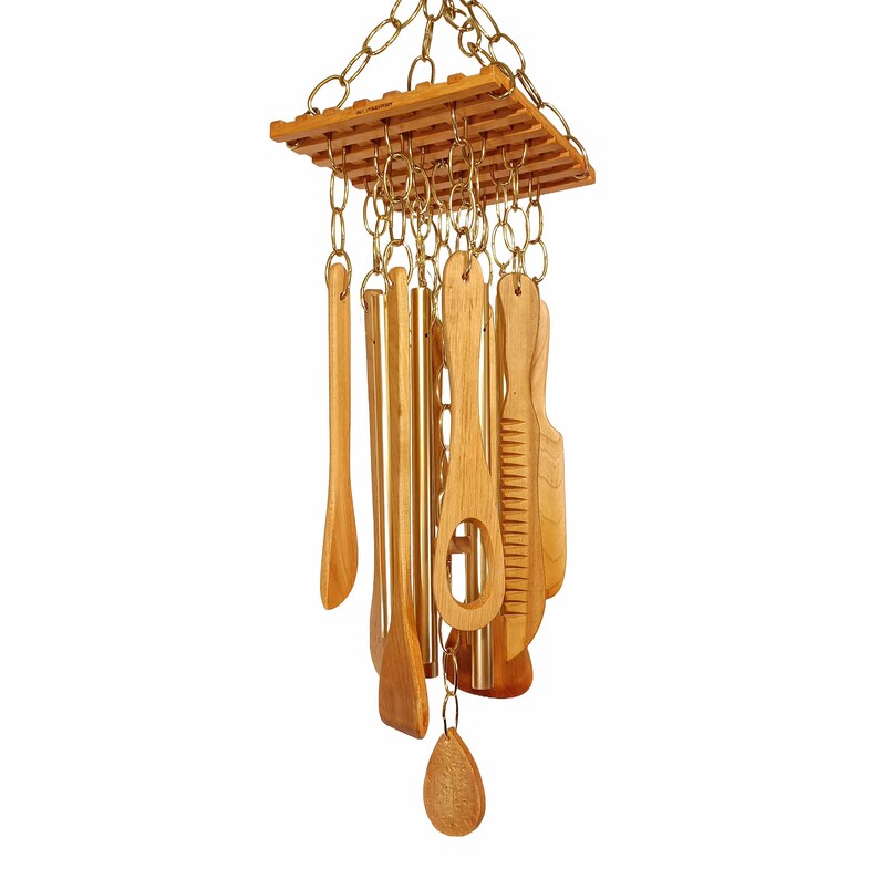 WIND CHIME: Wooden Utensils–Spoons Spatulas Paddles–Gold Chimes–Indoor Outdoor