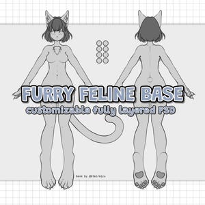 Pode incluir: Ilustração em tons de cinza de uma base felina peluda, mostrando vistas frontal e traseira de um personagem estilizado semelhante a um gato. O texto "FURRY FELINE BASE" é exibido, juntamente com "customizable fully layered PSD".