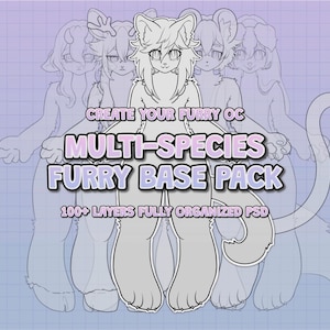 Puede incluir: Un archivo de arte digital que presenta un paquete base furry multiespecie con arte lineal de varios personajes antropomórficos. El texto dice: CREATE YOUR FURRY OC, MULTI-SPECIES FURRY BASE PACK, 100+ LAYERS FULLY ORGANIZED PSD.