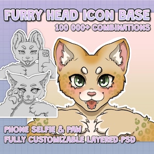 May include: A digital art graphic featuring a furry head icon base with a cat-like design. The image includes text that reads "FURRY HEAD ICON BASE" and "100 000+ COMBINATIONS". Additional text states "PHONE SELFIE & PAW" and "FULLY CUSTOMIZABLE LAYERED PSD".