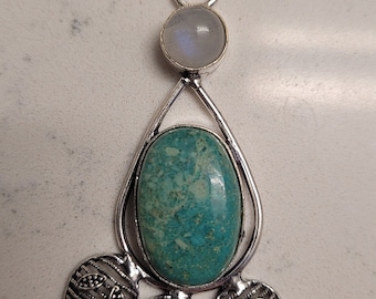 925 Silver Plated-Chrysocolla Rainbow Moonstone Pendant Necklace