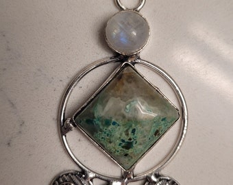 925 Silver Plated-Chrysocolla Rainbow Moonstone Pendant Necklace
