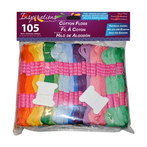 May include: A package of 105 skeins of cotton floss in a rainbow of colors. The package is labeled "Inspirations Value Packs Cotton Floss" and "Rainbow Jumbo".