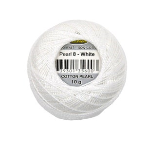 May include: A white ball of cotton thread labeled "Pearl 8 - White" with a barcode and "Cotton Pearl 10g".