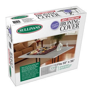 May include: White box with a green and white logo for Sullivans. The box shows a heat-resistant ironing cover for a hobby table. The cover is 59 inches by 36 inches and is made of polycoated cotton. The cover is shown on a table with a quilt on top.