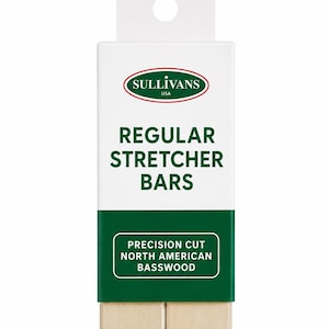 May include: A white and green product package for Sullivans Regular Stretcher Bars made of precision cut North American basswood. The packaging features the Sullivans USA logo at the top with the product name printed in dark green text below.
