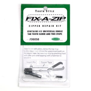 May include: A green and white package for a zipper repair kit called "Fix-A-Zip" with the text "Tooth Style" and "Contains #5 Universal Single Tab Tooth Slider and Two Stops" and the number "#96058". The package shows a diagram of how to use the kit with the text "Insert Pin", "Zipper Tape", "Retaining", and "Top Stop".
