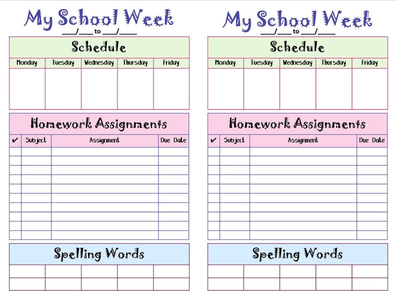 Student homework planner template free picture