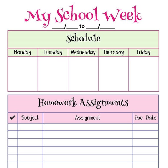 My School Week Homework Planner 