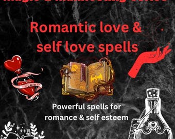 May include: A digital illustration of a red heart with a potion bottle, a book with a dragon on the cover, and a potion bottle with a heart on it. The text "Magic & Manifesting series" is at the top of the image. The text "Romantic love & self love spells" is in the middle of the image. The text "Powerful spells for romance & self esteem" is below the image. The text "Heauxlistic Therapy" is at the bottom of the image.