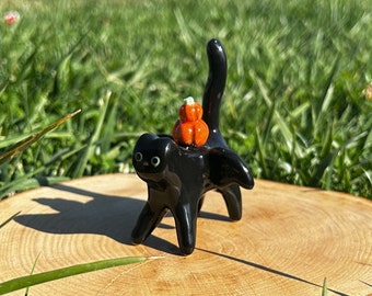 Handmade Ceramic BatCat With Pumpkin Halloween Figurine | Small Cute Black Bat Cat Ceramic