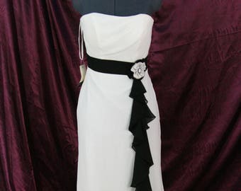sz 10 NEW Wedding, Prom dress, bridesmaid or mother of the bride Ivory chiffon dress with black sash and rhinestone center