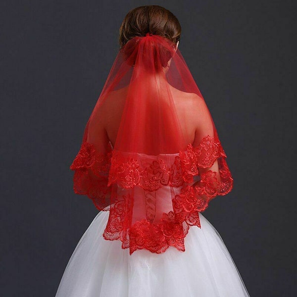 Beautiful RED Veil Scalloped RED LACE Veil