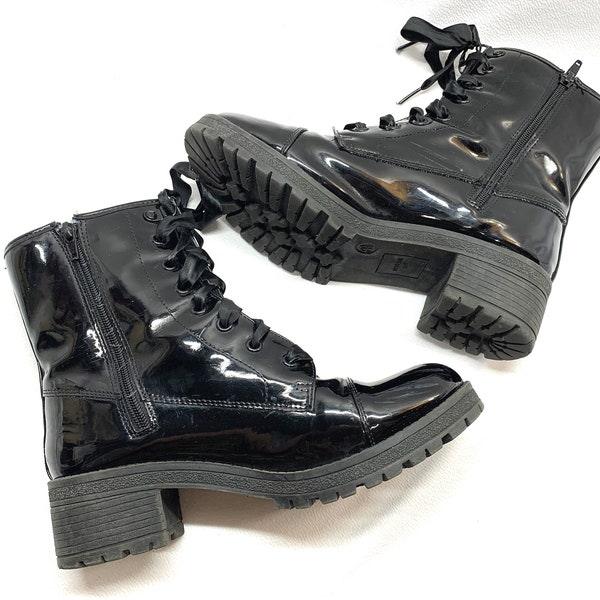 Chunky Platform Heels 90's BLACK PATENT LEATHER Combat Boots sz 8.5