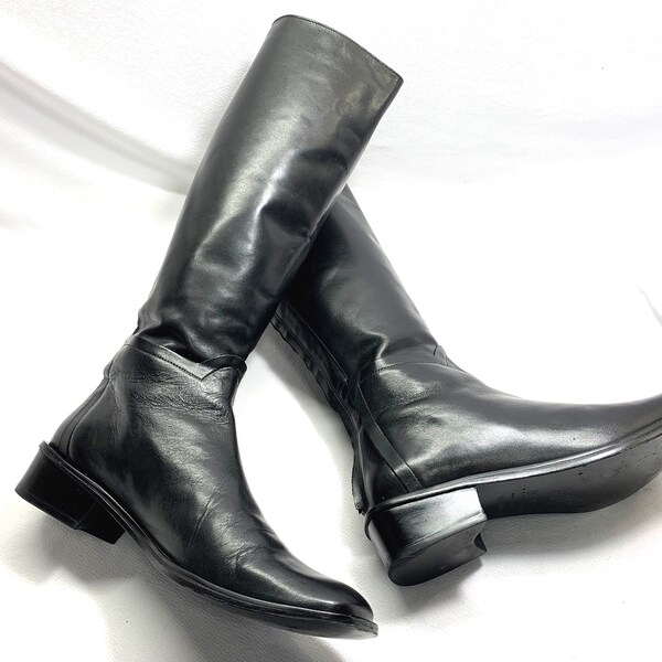 sale 60.00 off Square Toe Vintage 90's BCBG MAXAZRIA Black LEATHER Boots sz 9 Black Boots Punk Rocker