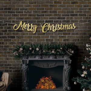 Banner festivo de feliz natal em ouro e prata, lindo roteiro com glitter, guirlanda personalizada, caligrafia, letras, decoração de festa de parede