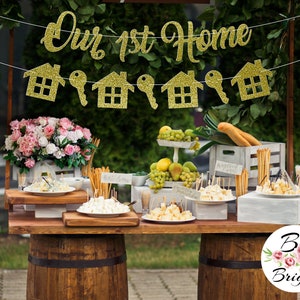 Our 1st Home Banner with Home and Key Garland Glitter Gold Silver Sign Bunting Script Lettering Decoration Housewarming Party First House image 1