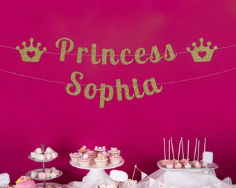 Personalized Name Princess Birthday Banner with Crowns Gold Silver Glitter Sign Custom Garland Bunting Calligraphy Lettering Girl Wall Decor