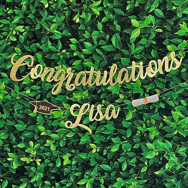 Personalized Congratulations Graduation Glitter Banner w/ Cap and Scroll in Gold Silver Garland Bunting Script Lettering Decor Class of 2023