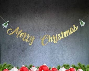 Festive Merry Christmas Banner with Watercolor Christmas tree Christmas Decor Wall Decor Christmas garland Christmas mantel Gold Christmas
