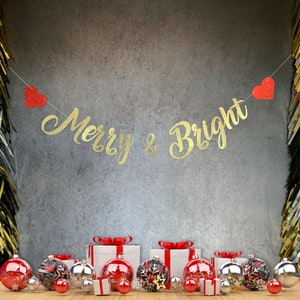 Merry and Bright Christmas Banner with Red Heart Accents in Gold Silver Glitter Sign Custom Garland Bunting Script Lettering Wall Decor