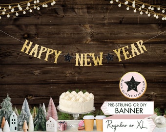 Custom Happy New Year Banner New Year Sign New Year Eve Party Decorations Star Banner Glitter Black Decor New Year 2024 Party Decor C23