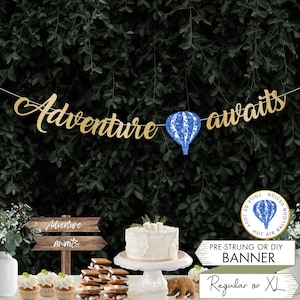 Letrero de Toile De Jouy para baby shower, diseño de aventura, pancarta con globos aerostáticos, decoración para bodas, decoraciones para fiestas de cumpleaños, baby shower de niño A1