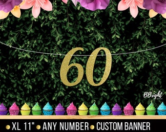 Personalized Any Age Birthday Banner Gold Silver Glitter Sign Custom Garland Bunting Backdrop Numbers Wall Decor Party Anniversary Banner 60