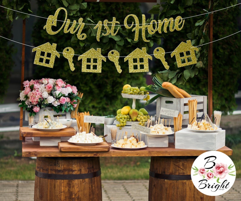 Our 1st Home Banner with Home and Key Garland Glitter Gold Silver Sign Bunting Script Lettering Decoration Housewarming Party First House image 1