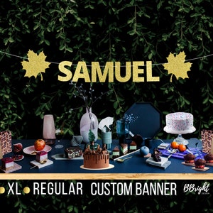 Banner XL personalizzato con bellissimo nome personalizzato per feste a tema foglie autunnali, dimensioni normali e XL per compleanni, baby shower, decorazione da parete