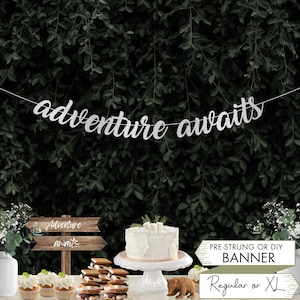 Adventure Awaits Baby Shower Banner Woodland Sign Wedding Sign Nature ...