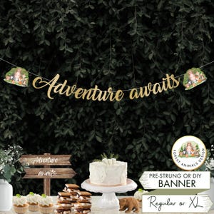 Banner per baby shower "Avventura attende", cartello per baby shower con animali del bosco, decorazioni per festa del primo compleanno nel bosco, decorazioni per baby shower nella foresta, A1