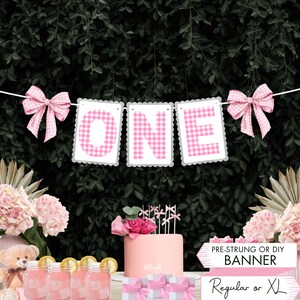 Pink Bow High Chair Banner Birthday Girl Banner One Custom Sign Watercolor Bow First Birthday Sign Bow Theme Pink Birthday Smash Cake B5