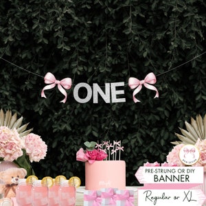 Pink Bow High Chair Banner Birthday Girl Banner One Custom Sign watercolor Bow First Birthday Sign Bow Theme Birthday Smash Cake Backdrop B5