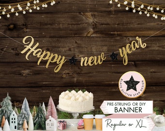 Custom Happy New Year Banner New Year Sign New Years Eve Party Decorations Star Banner Glitter Black Decor New Year 2024 Party Decor C23