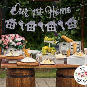 Our 1st Home Banner with Home and Key Garland Glitter Gold Silver Sign Bunting Script Lettering Decoration Housewarming Party First House image 2