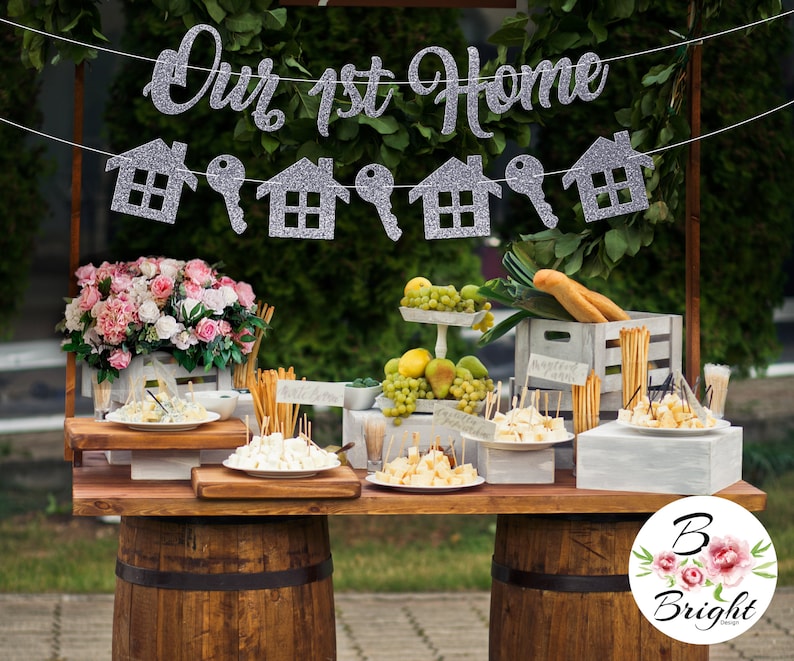 Our 1st Home Banner with Home and Key Garland Glitter Gold Silver Sign Bunting Script Lettering Decoration Housewarming Party First House image 2