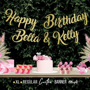 Personalisierte Name und Alter Alles Gute zum Geburtstag Banner Twin Geburtstagsparty Dekoration Gemeinsame Geburtstagsbanner Benutzerdefinierte Zeichen Girlande Wimpelkette Zwei Name B1