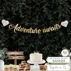 Adventure Awaits Baby Shower Banner Herz Karte Hochzeitsschild Reise-Geburtstags-Partydekoration Reise-Liebhaber-Geschenk DIY Girlande Weltkarte Zeichen A1
