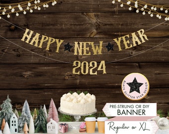 Custom Happy New Year Banner Neujahr Zeichen Silvester Party Dekoration Stern Banner Glitter Schwarz Decor Neues Jahr 2024 Party Decor C23