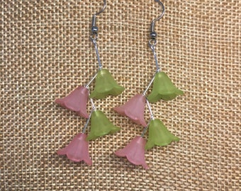 Pink and Green Lucite Floating Flower Earrings