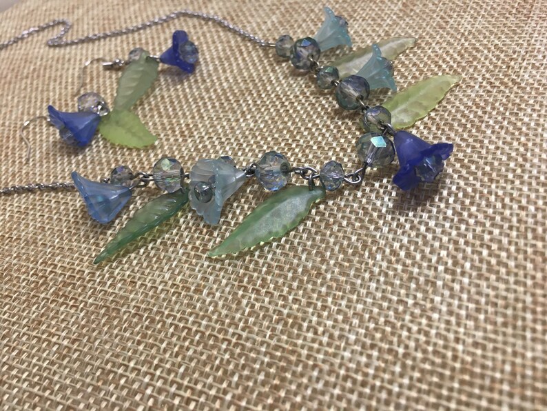 Lucite Bluebells and Green Leaves Necklace and Earrings Set