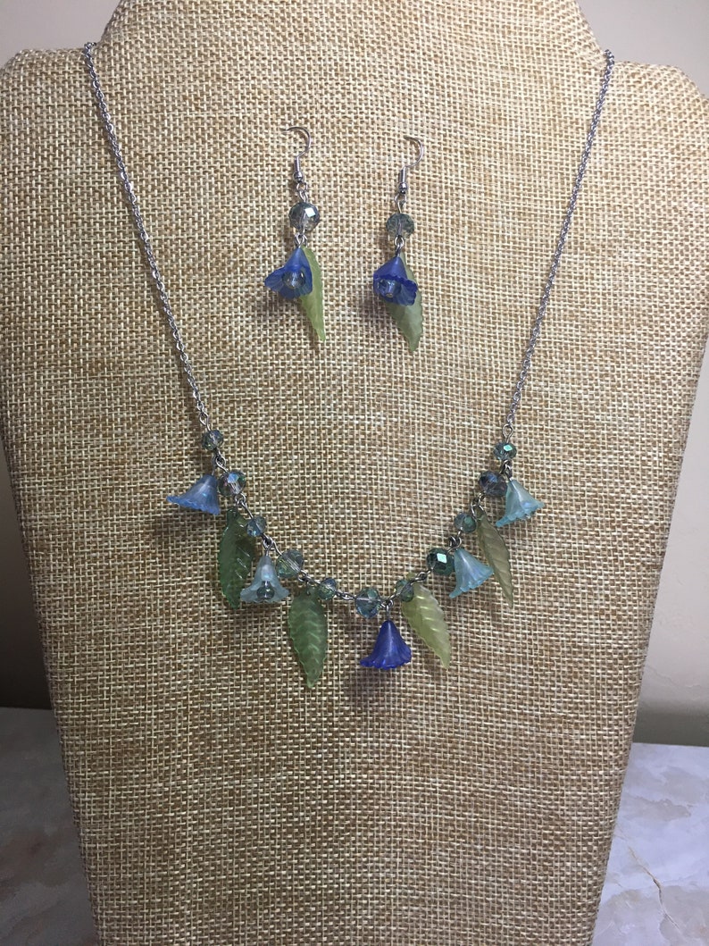 Lucite Bluebells and Green Leaves Necklace and Earrings Set